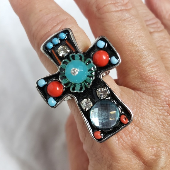 Chunky Beads & Bling Black Cross Statement Ring - Picture 2 of 2
